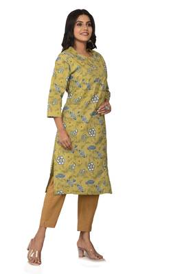 F Womens Cotton Cambric Paisley Print Straight Kurta (Pista Green) 4