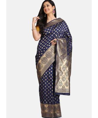Navy Blue Pure Silk Traditional Saree 1