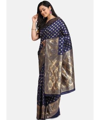 Navy Blue Pure Silk Traditional Saree 2