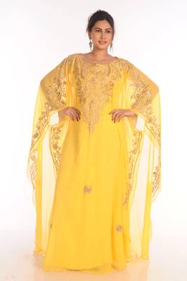 SALE !! Dubai Moroccan Islamic Yellow Kaftan Beach Fancy Modern Floor Length Bell Sleeve For Women Dress 2