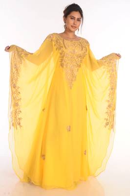 SALE !! Dubai Moroccan Islamic Yellow Kaftan Beach Fancy Modern Floor Length Bell Sleeve For Women Dress 4