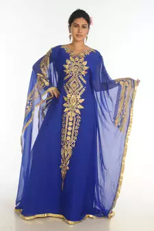 Ethnic Maxi Abaya Moroccan Islamic Royal Blue Kaftan Beach Fancy Modern Floor Length Bell Sleeve For Women Dress