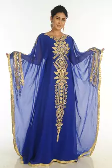 Ethnic Maxi Abaya Moroccan Islamic Royal Blue Kaftan Beach Fancy Modern Floor Length Bell Sleeve For Women Dress