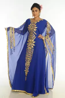 Ethnic Maxi Abaya Moroccan Islamic Royal Blue Kaftan Beach Fancy Modern Floor Length Bell Sleeve For Women Dress