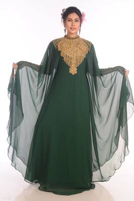 Ethnic Maxi Abaya Moroccan Islamic Bottle Green Kaftan Beach Fancy Modern Floor Length Bell Sleeve For Women Dress 1