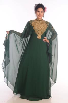 Ethnic Maxi Abaya Moroccan Islamic Bottle Green Kaftan Beach Fancy Modern Floor Length Bell Sleeve For Women Dress 2