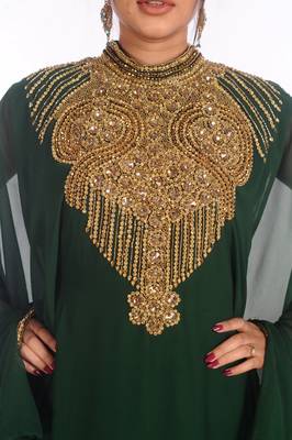 Ethnic Maxi Abaya Moroccan Islamic Bottle Green Kaftan Beach Fancy Modern Floor Length Bell Sleeve For Women Dress 3