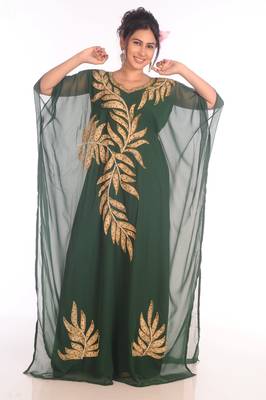 Brush Print Maxi Abaya Moroccan Islamic Bottle Green Kaftan Beach Fancy Modern Floor Length Bell Sleeve For Women Dress 1