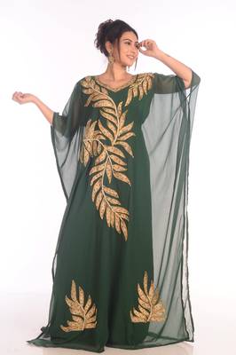 Brush Print Maxi Abaya Moroccan Islamic Bottle Green Kaftan Beach Fancy Modern Floor Length Bell Sleeve For Women Dress 2