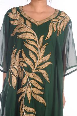 Brush Print Maxi Abaya Moroccan Islamic Bottle Green Kaftan Beach Fancy Modern Floor Length Bell Sleeve For Women Dress 3
