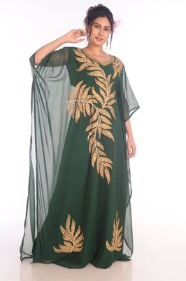 Brush Print Maxi Abaya Moroccan Islamic Bottle Green Kaftan Beach Fancy Modern Floor Length Bell Sleeve For Women Dress 4
