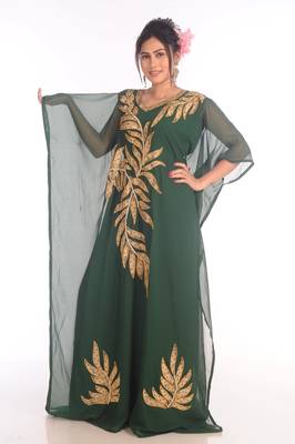 Brush Print Maxi Abaya Moroccan Islamic Bottle Green Kaftan Beach Fancy Modern Floor Length Bell Sleeve For Women Dress 5