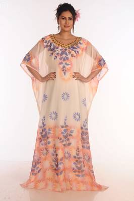 Maxi Abaya Moroccan Islamic Off-White Color Hand Touch Work Kaftan Beach Fancy Floor Length Bell Sleeve Women Dress 1