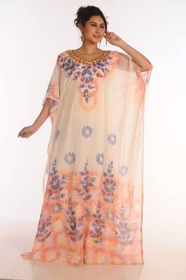 Maxi Abaya Moroccan Islamic Off-White Color Hand Touch Work Kaftan Beach Fancy Floor Length Bell Sleeve Women Dress 2
