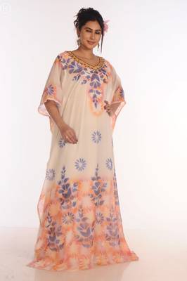 Maxi Abaya Moroccan Islamic Off-White Color Hand Touch Work Kaftan Beach Fancy Floor Length Bell Sleeve Women Dress 4