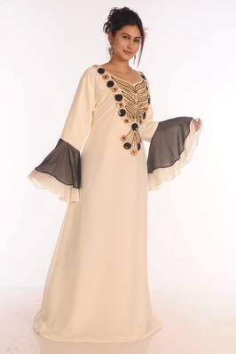 Off White Georgette Aari Work Kaftan 4
