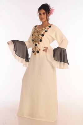 Off White Georgette Aari Work Kaftan 5
