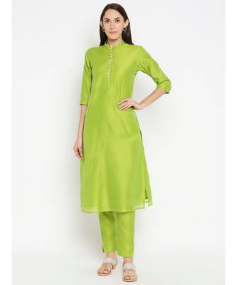 Desi Weavess Lime Green Solid Kurta with Trouser 1