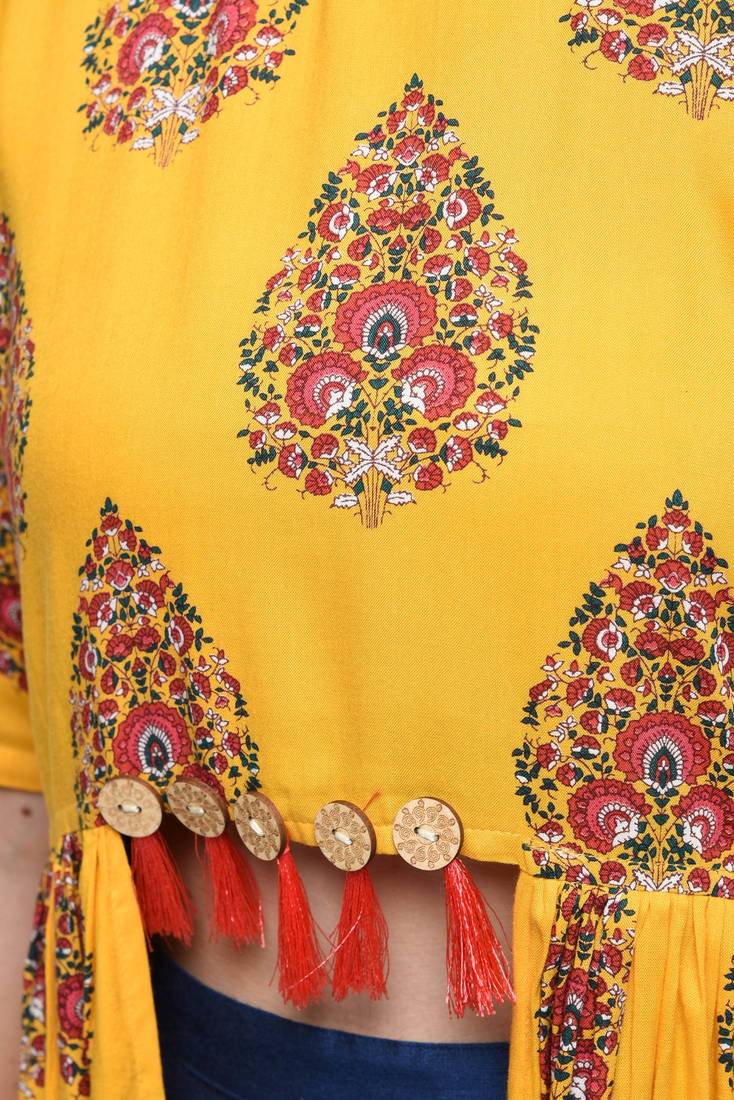 Fashion Kreza Crop Shrug Printed Kurti for Women Crop Top Style Kurta (Yellow)