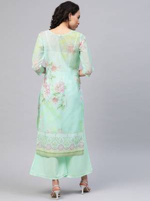 Light-blue printed organza party-wear-kurtis 4
