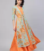 Orange printed organza party-wear-kurtis