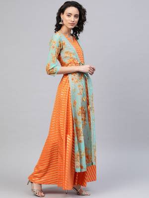 Orange printed organza party-wear-kurtis 3