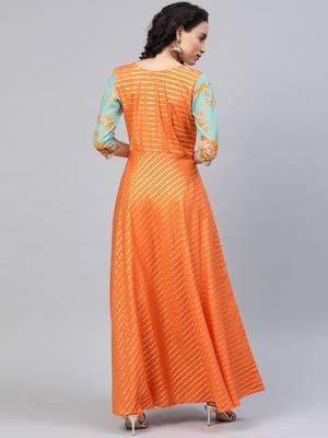 Orange printed organza party-wear-kurtis 4