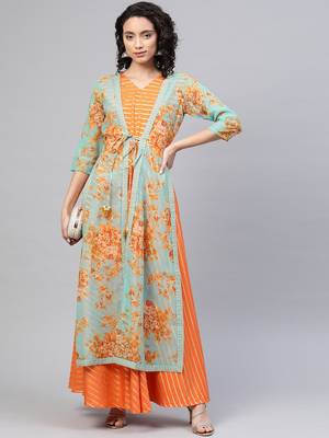 Orange printed organza party-wear-kurtis 5