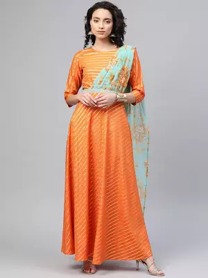 Orange printed organza party-wear-kurtis 1