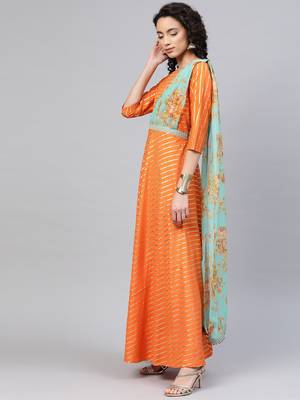 Orange printed organza party-wear-kurtis 3