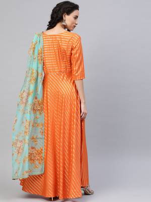 Orange printed organza party-wear-kurtis 4