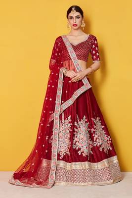 Maroon embroidered velvet semi stitched lehenga 1