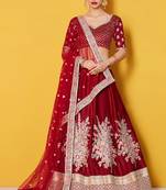 Maroon embroidered velvet semi stitched lehenga