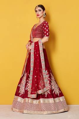 Maroon embroidered velvet semi stitched lehenga 4
