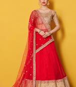 Red embroidered art silk semi stitched lehenga