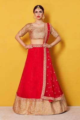 Red embroidered art silk semi stitched lehenga 2