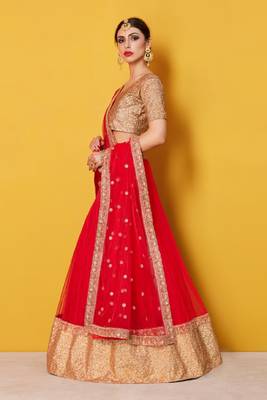 Red embroidered art silk semi stitched lehenga 4