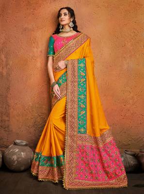 Mustard embroidered pure satin saree with blouse 1