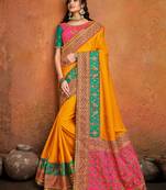 Mustard embroidered pure satin saree with blouse
