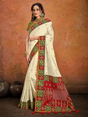 Off white embroidered pure satin saree with blouse 1
