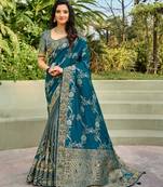 Blue embroidered semi silk saree with blouse