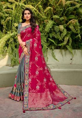 Rani pink embroidered semi silk saree with blouse 1