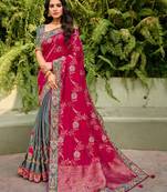 Rani pink embroidered semi silk saree with blouse