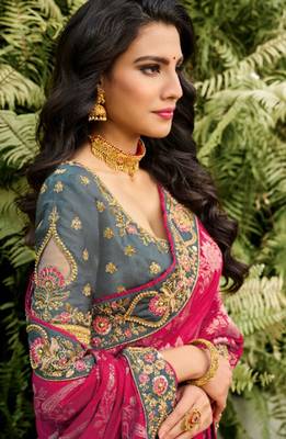 Rani pink embroidered semi silk saree with blouse 2