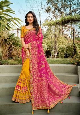 Pink embroidered semi silk saree with blouse 1