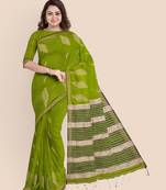 Look and Adorn Exclusive Handwoven Cotton Silk Fern Green Blue Gheecha Saree with Blouse piece