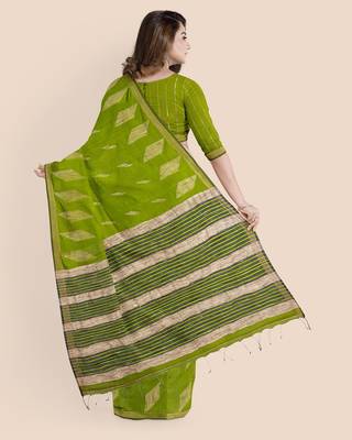 Look and Adorn Exclusive Handwoven Cotton Silk Fern Green Blue Gheecha Saree with Blouse piece 2
