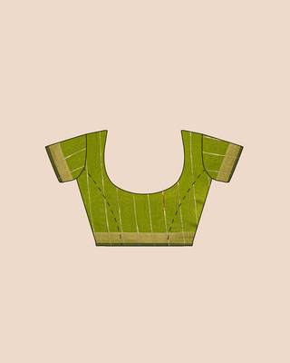 Look and Adorn Exclusive Handwoven Cotton Silk Fern Green Blue Gheecha Saree with Blouse piece 5