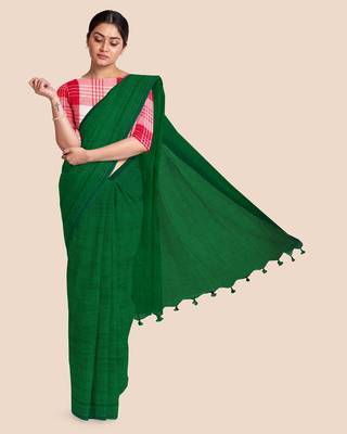 Look and Adorn Mercerised Handloom Khadi Cotton Saree with Blouse Piece (Emerald Green) 1