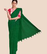 Look and Adorn Mercerised Handloom Khadi Cotton Saree with Blouse Piece (Emerald Green)
